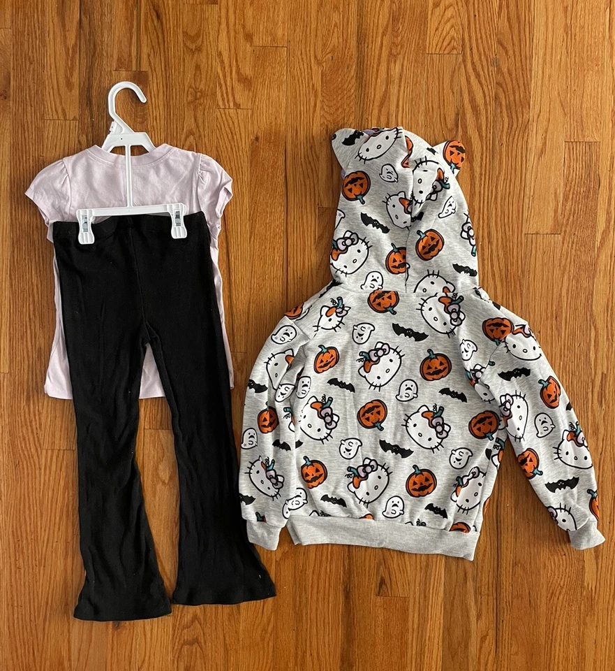 Hello Kitty Girls 3 PC Halloween Pumpkin Outfit Hoodie Pants Top Set Sz. 5 NWT - Image 3 of 4