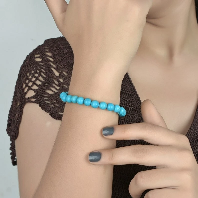 Natürlicher blauer Türkis 7-8 mm runder Edelstein Perlen dehnbare Armbänder 6... - Bild 4 von 4