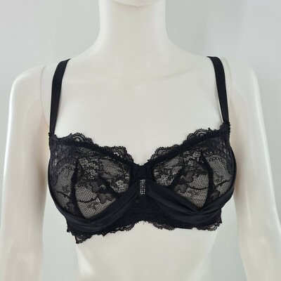 NWT Jolidon 34D Swarovski Crystals Lace Underwire Black Bra Sexy European