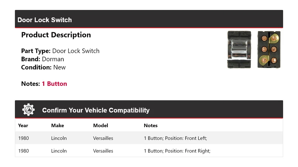 For 1980 Lincoln Versailles Dorman Door Lock Switch - Image 2 of 4