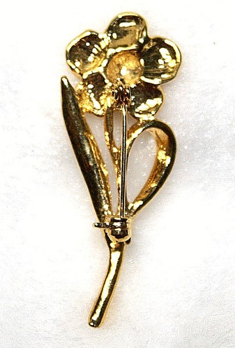 Vintage Costume Brooch Pin Rose on Stem Gold Toned Clear Rhinestones 1.75 x 3/4" - Picture 3 of 3
