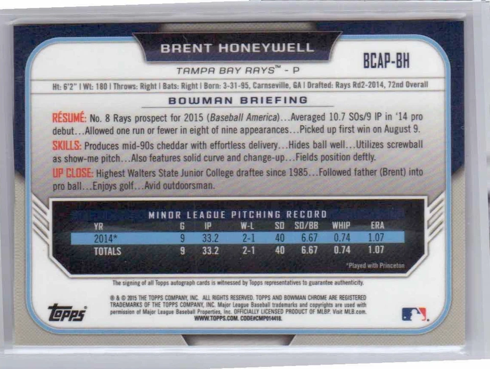 2015 Bowman Chrome Brent Honeywell Prospect Auto #BCAP-BH Tampa Bay Rays Rookie - Image 2 of 2