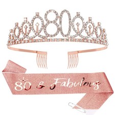 80th Birthday Crown  Sash  Pearl Pin Set, Elegant Gift for Women's 80th Bir...