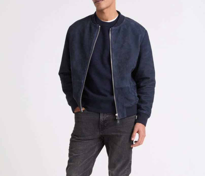 Navy Blue Suede Leather Jacket Men Bomber/Flight Size XS S M L XL XXL Customize
