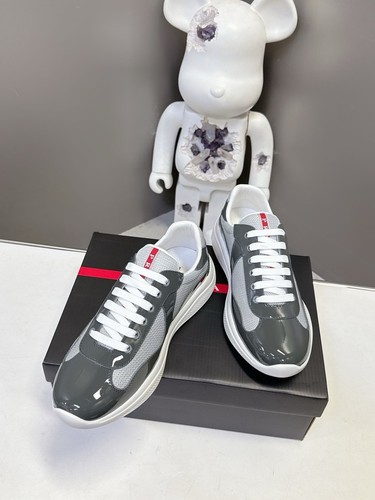 Prada America's Cup Men Dark‑Grey Patent Leather Light‑Grey Mesh Lace‑Up Low sna