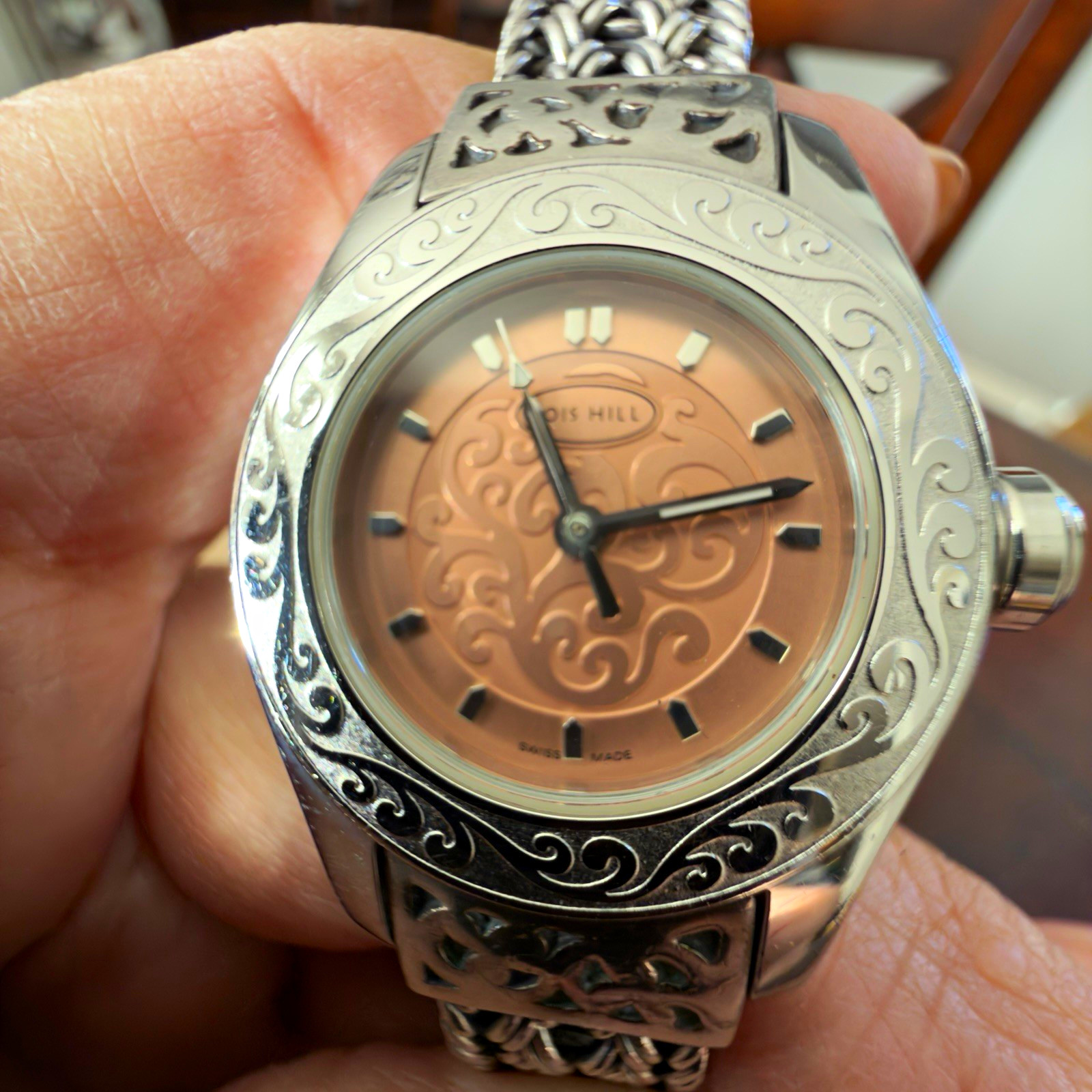 Lois Hill Swiss Made Sterling Silver Quartz Watch Pink Floral Dial 26mm