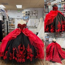 Red Black Sparkling Quinceanera Dresses with Big Bow 3D Floral Formal Ball Gowns