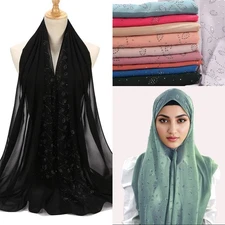 New Rhinestone Women Head Wraps Hijabs Pearl Chiffon Bonnet Long Scarf Scarves