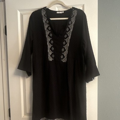 Johnny Was Black A-Line V-Neck 3/4 Bell Sleeve Embroidered Cotton Dress L