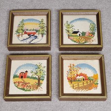 Needlepoint Cross Stitch Framed Village Barn Church Farm Schoolhouse Lot of 4