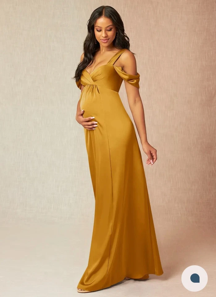 Vestido Azazie Rhea elástico línea A fuera del hombro plisado elástico satinado Foto 3 de 4