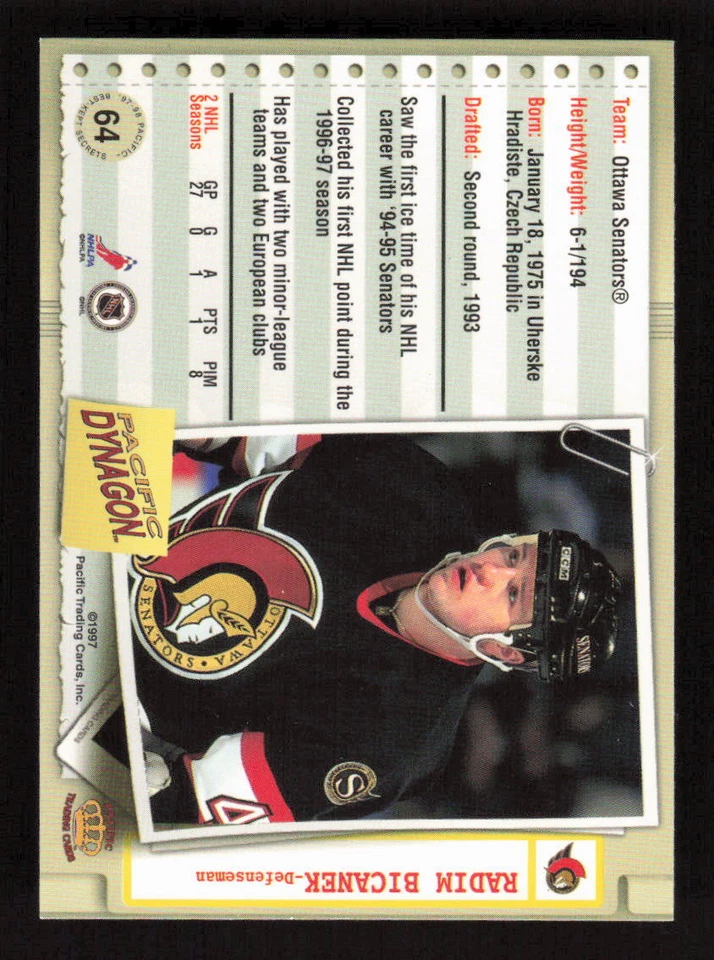 1997 Pacific Dynagon Best Kept Secrets #64 Radim Bicanek  Ottawa Senators - Image 2 of 2
