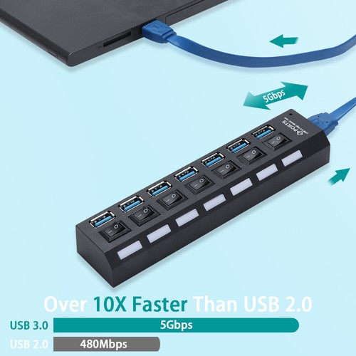 USB 3.0 Hub 7 Port Splitter Adapter mit aktivem Netzteil Verteiler PC Laptop NEU - Bild 8 von 12