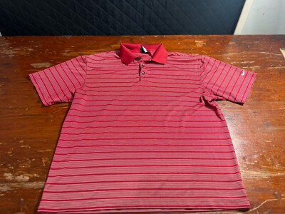 Nike Golf Dri Fit Short Sleeve Polo Shirt Polyester Red White Stripe Men s Large