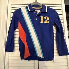 Mini Boden boys rugby polo shirt Blue stripe number sporty Size 6 - 7