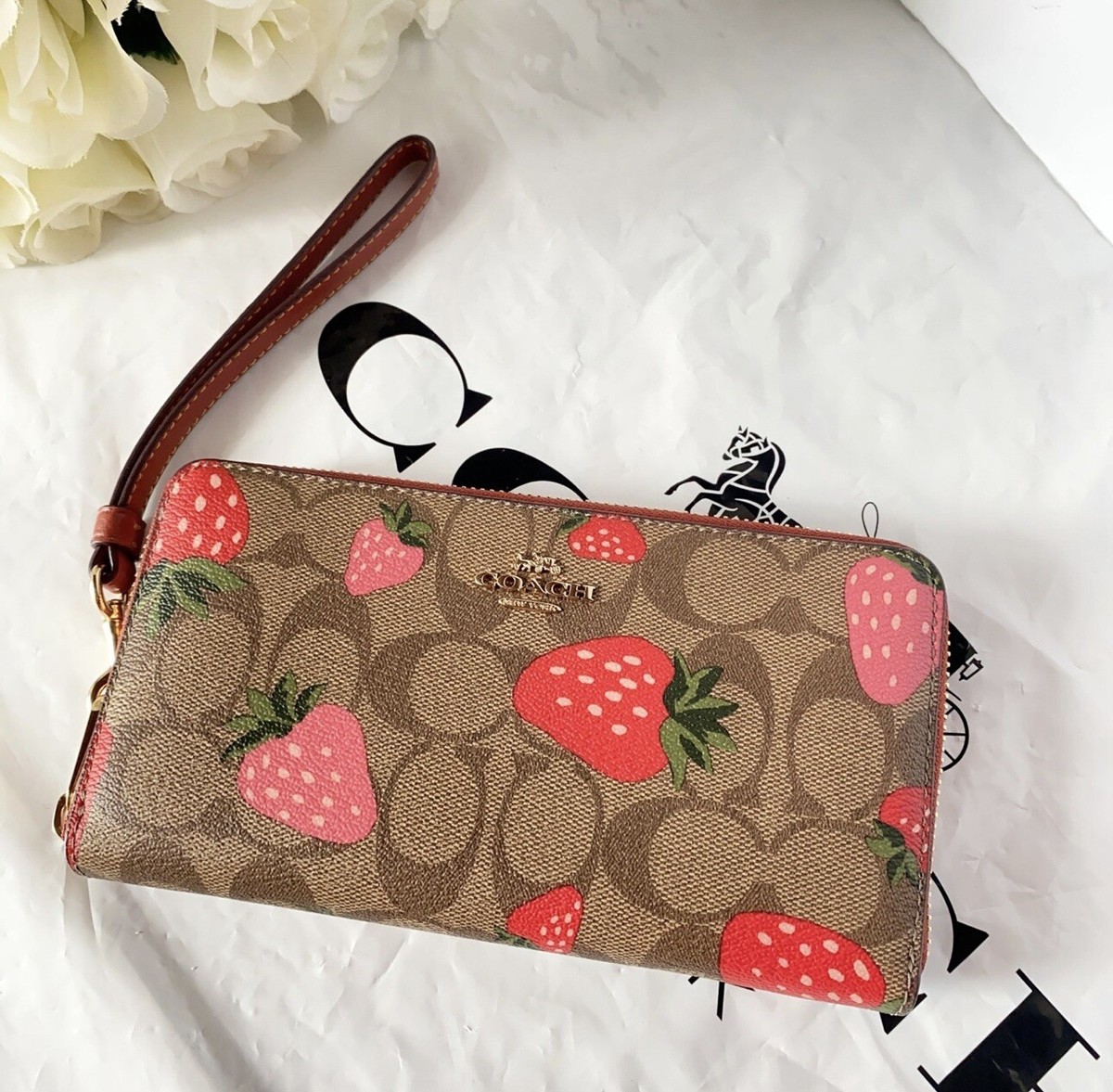 NWT Coach Long Zip Around Wallet In Signature With Wild Strawberry