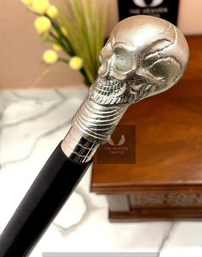 Silver Skull Head Steampunk Handle Walking Cane Vintage Solid Wooden Stick Gift - Picture 3 of 8