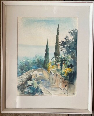 Cypresses At Shore Meditarran Lake Garda Terrase Step Cactus Watercolour Antique