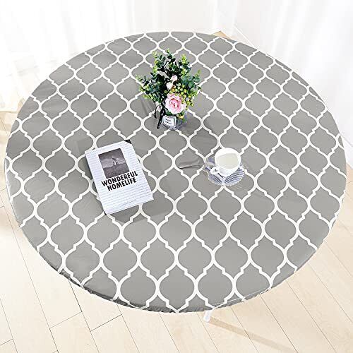 Zhuqing Heavy Duty Vinyl Round Fitted Tablecloth Gray Moroccan Design Spillpr... - Picture 1 of 9