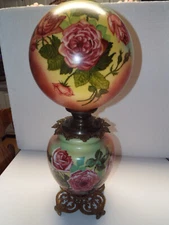 27" Antique Pink ROSES GWTW Lamp x 11" Pittsburgh PLB & G Co Parlor Kerosene Oil