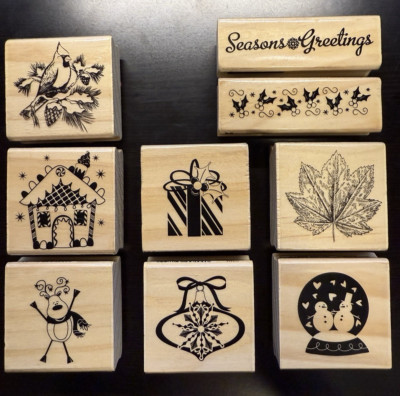 NEW Craft Smart Holiday Winter Christmas Reindeer Wood Mounted Rubber Stamp 9 PC