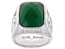 Natural Green Onyx Gemstone With 14K White Gold Plated Silver Ring for Men's #93