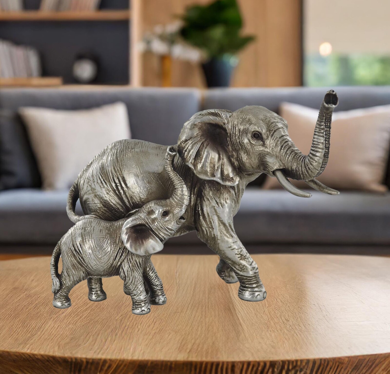 Silver Mother & Baby Elephant Ornament Home Decor Animal Sculpture Wildlife