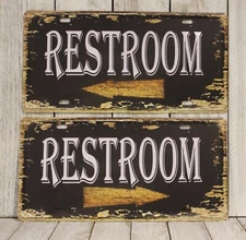 Set of 2 Restrooms This Way Tin Sign Restroom Arrow Pointing Right & Left Rustic