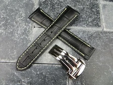 19mm Leather Strap Black Watch Band Deployment Buckle Set for OMEGA Polish WH