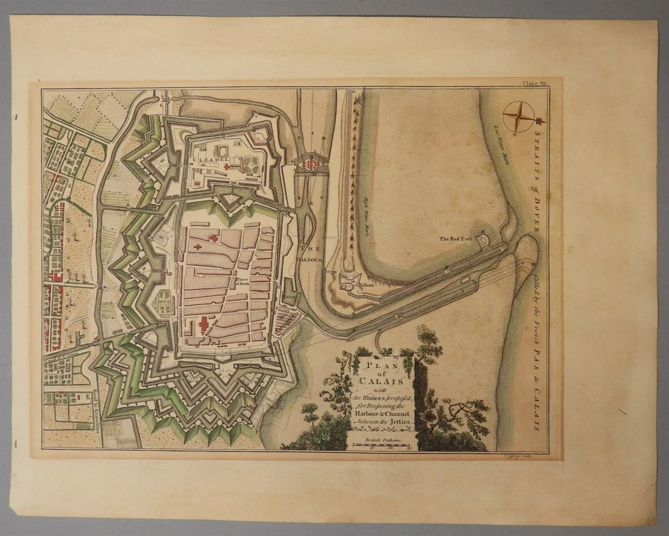 Mapa Thomas Jefferys 1761 Calais esclusas propuesta profundización puerto y canal Foto 2 de 4