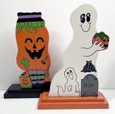 7  Wooden Halloween Shelf Sitters Decor Ghost And Pumpkin
