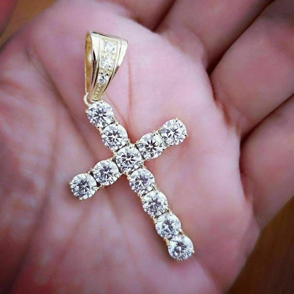 3Ct Round Cut VVS1/D Diamond Cross Pendant 14K Yellow Gold Finish Free Chain - Image 2 of 4