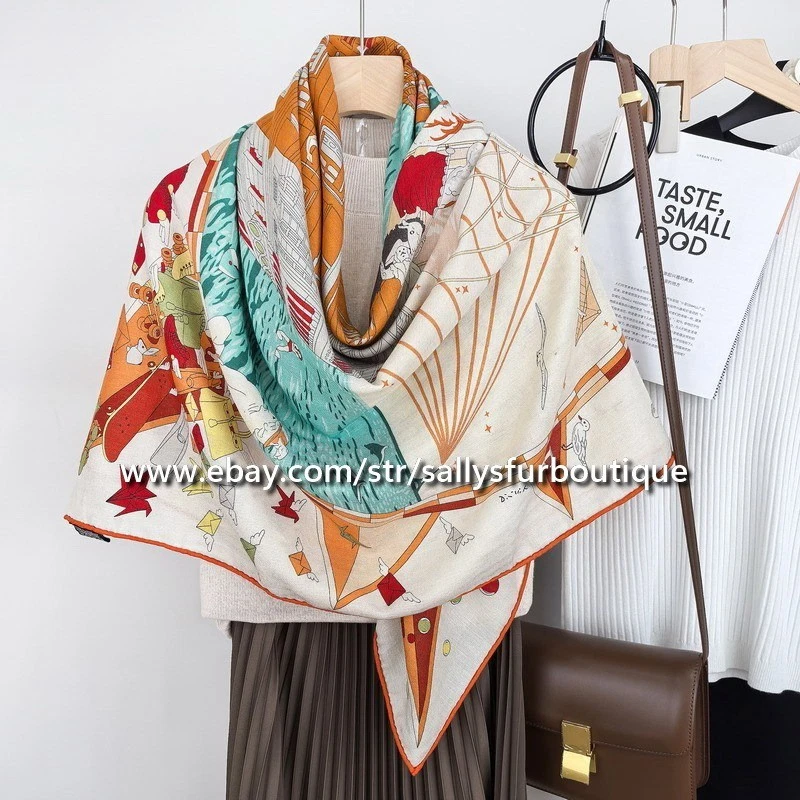 70% Cashmere 30% Silk Double-Faced Orange Boat Print Scarf Shawl 53