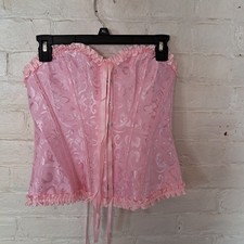Pink Brocade Corset Top Lace Up Back Ruffle Trim Victorian Bustier Cosplay Sz L