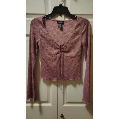 Just Polly Women's Y2K Tie-Front Lace Crop Top - Mauve/Dusty Rose Medium