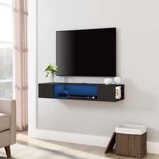 Wall-Mounted Floating TV Stand with Blue LED Lights - Black Media Console