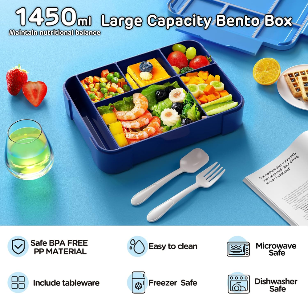 Leakproof 1450ML Kids Bento Lunch Box with 6 Compartments for Toddlers