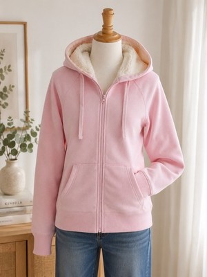 Faded Glory Pink Sherpa Lined Zip Hoodie Jacket Women s M Cozy Warm