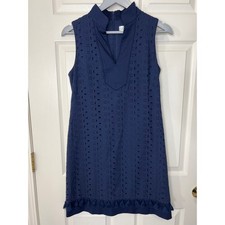 Eliza J Eyelet V Neck Sleeveless Mandarin Collar Lace Shift Dress Navy Blue