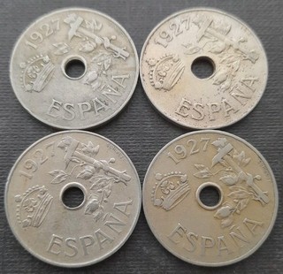25 CÉNTIMOS 1927. LOTE 4 MONEDAS. MBC