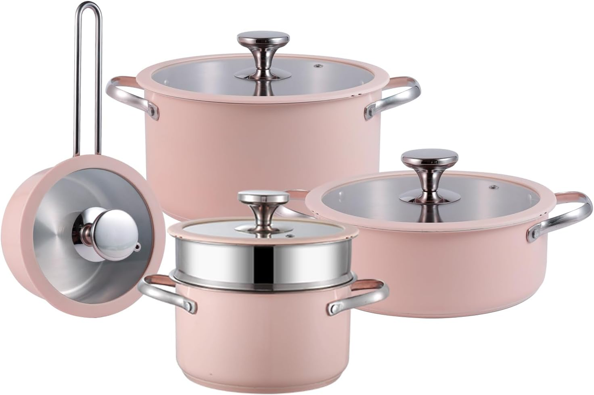 9-Piece Pink Stainless Steel Cookware Set, Induction Ready, Non