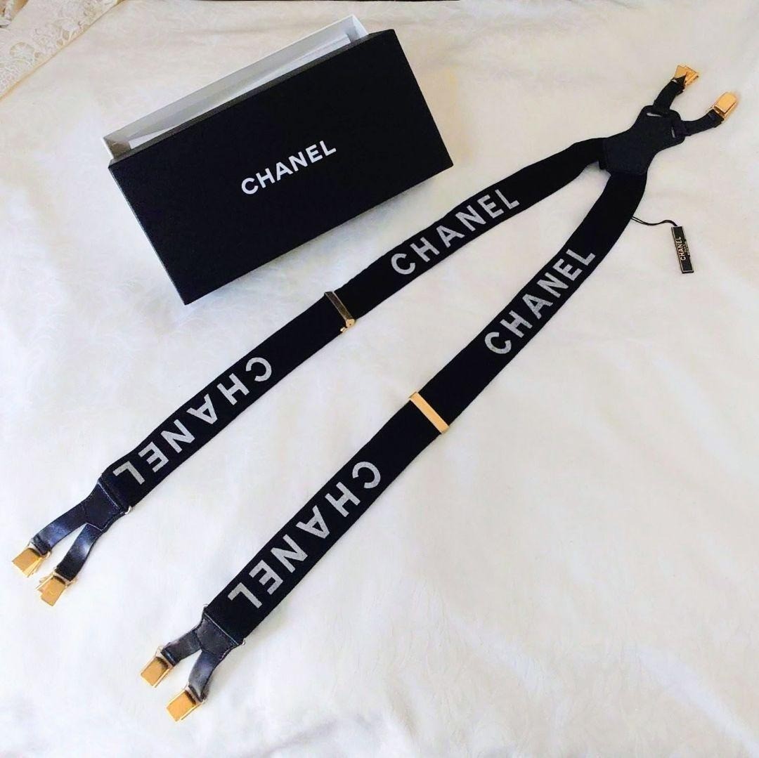 CHANEL CC Suspenders Black White Gold Canvas Leather Vintage With