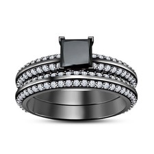 2 CT Princess Lab Created Diamond Bridal Wedding Ring Set 14K Black Gold Over