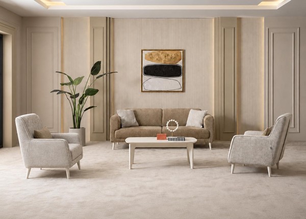 Sofa 3-Sitzer Braun Beige Stoff 2 Sessel Modern Polstergarnitur-image