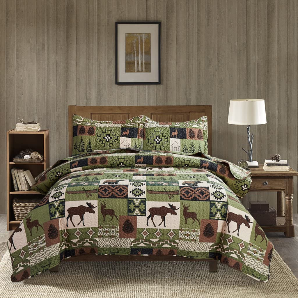 King Size Rustic Cabin Quilts Moose Bear Plaid Patchwork Bed