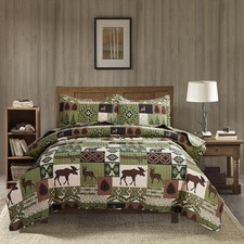Lodge Bedding Set King Size Rustic Cabin Quilts Moose Bear Plaid Patchwork Bedsp