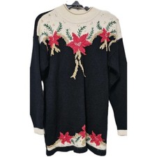 Vintage Christmas Sweater Black Red Gold Flowers Dana Scott Size L