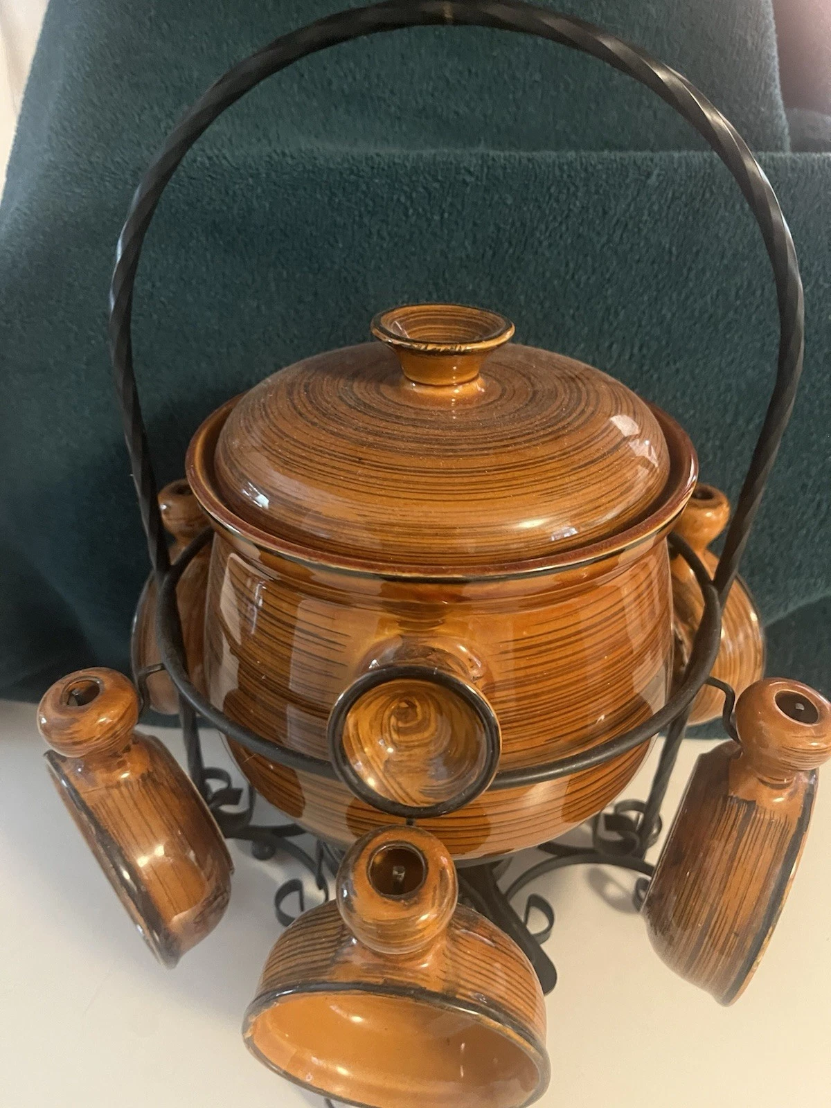 Vintage Brittany Nasco Oven Proof Pot And Stand, Six Hanging Bowls, Covered Serv