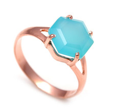 Blue Chalcedony Hexagon Shape Ring Solid Silver Rose Gold Jewelry Birthday Gift