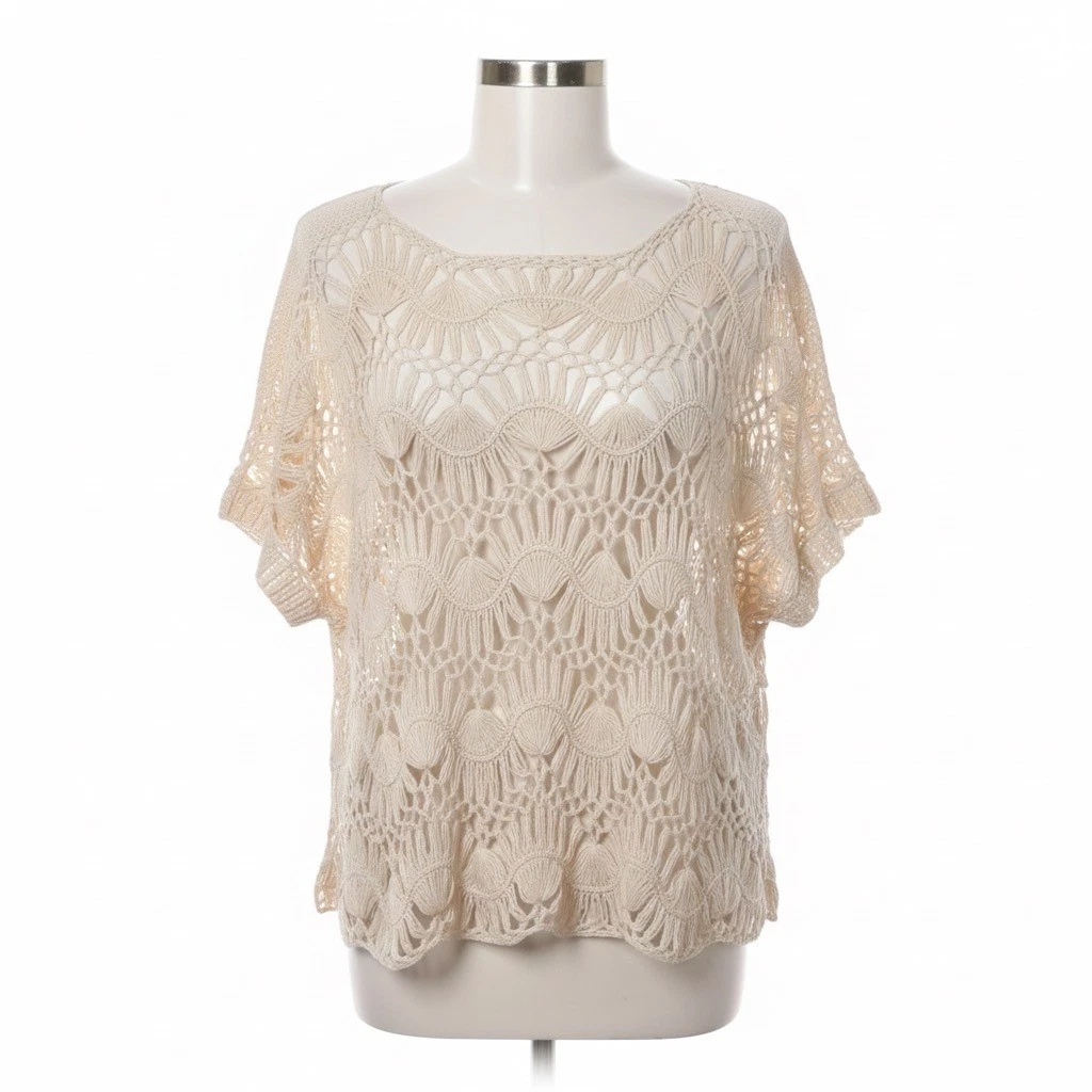 Fever Boho Crochet Poncho Top Size L Ivory Beige Scalloped Hem Floral Medallion
